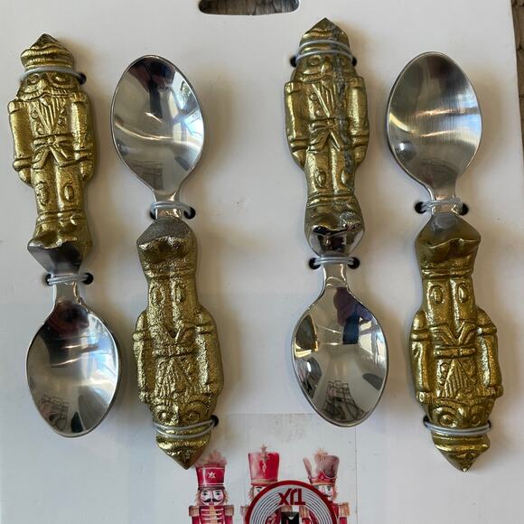 Holiday Gold Nutcracker Spoon Set of 4 Small 5in Stainless Steel Christmas New - Picture 7 of 9